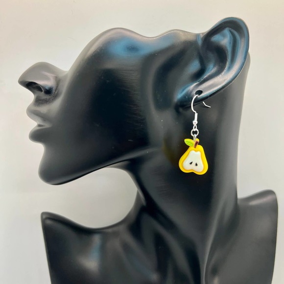 Chunky Pear Slice Fruit Earrings - Yellow and White - Picture 9 of 10